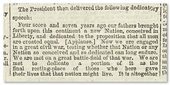 LINCOLN, ABRAHAM. New York Tribune printing of the Gettysburg Address.